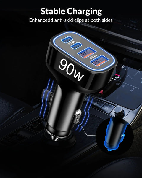 Top Tier Ninety Watt USB C Car Charger With Four Hella Fast Ports displayed in a vehicle's power socket.
