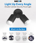 Image showing Dual Adjustable Heads Outdoor Flood Light Fixture Built Tough 100W 120V with accessories included in the box.