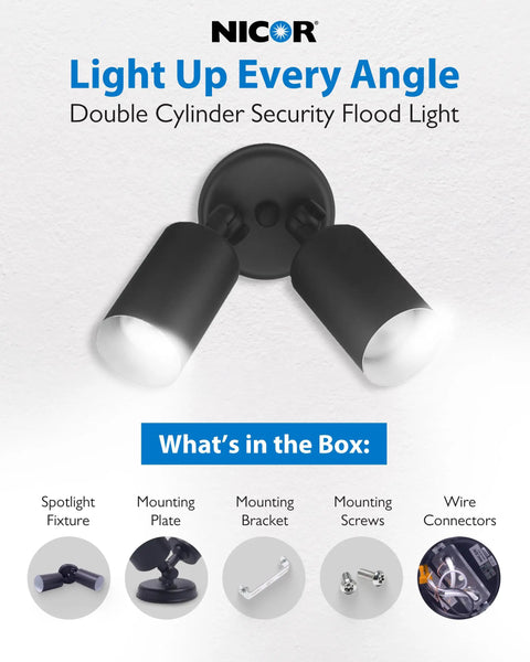 Image showing Dual Adjustable Heads Outdoor Flood Light Fixture Built Tough 100W 120V with accessories included in the box.