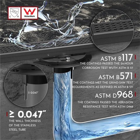24 Inch Linear Shower Drain With Accessories Rectangular Floor Drain Square Hole Pattern Cover Grate Removable SUS304 Stainless Steel CUPC Certified Matte Black High Flow No Fuss Easy Clean