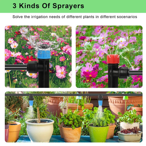 Drip Irrigation Kit 250 Feet With Quick Connect Micro System For Gardens And Lawns One Quarter Inch And One Half Inch Tubing Locking Nozzles Adjustable Misting Sprayers For Raised Beds And Greenhouses in use on flowers and potted plants.