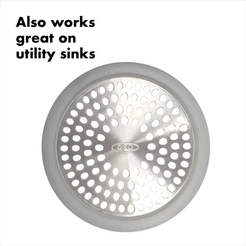 Top view of Stainless Steel Bathtub Drain Protector with Hair Catcher for quick clog prevention and utility sink compatibility.