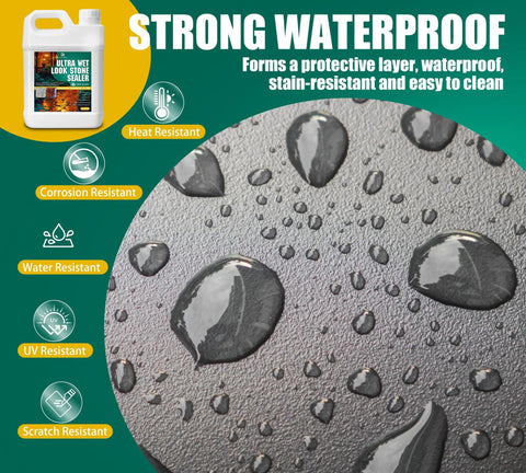Killer Wet Look Stone and Concrete Sealer 1 Gallon High Gloss Finish showing water droplets on a textured surface.