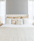 Bedroom with Set Of 2 Wood Tripod Bedside Lamps With Linen Fabric Shade on nightstands beside plush bed