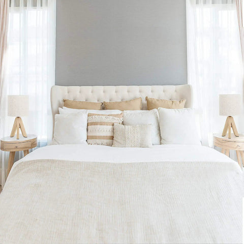 Bedroom with Set Of 2 Wood Tripod Bedside Lamps With Linen Fabric Shade on nightstands beside plush bed
