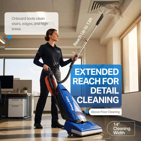 Rigorously Durable Powr Flite Rigel Commercial Upright Vacuum With 1200 Watt Motor For Heavy Duty Cleaning In Retail And Hospitality Spaces Featuring Automatic Height Adjustment Metal Brush Roll And Consistent Power Output For All Your Professional
