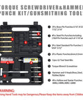 Dead Nuts Precise Torque Screwdriver Featuring Audible Click Factory Calibration 10 To 70 Inch Pounds Brass Steel Pin Punches And Sturdy Hammer Kit For Straight Up Gunsmith Setup in organized case showing tools and bits.