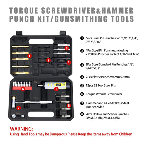 Dead Nuts Precise Torque Screwdriver Featuring Audible Click Factory Calibration 10 To 70 Inch Pounds Brass Steel Pin Punches And Sturdy Hammer Kit For Straight Up Gunsmith Setup in organized case showing tools and bits.