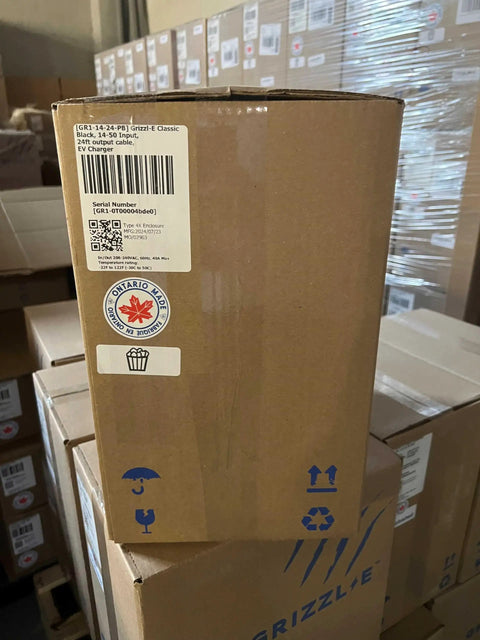 Cardboard box labeled with Beefy Level 2 240V EV Charger With 24 Foot Premium Cable NEMA 14-50 Plug UL Certified Metal Enclosure Indoor Outdoor Fast Wall Charging Station For All North American EVs and PHEVs.