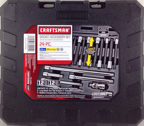 24 Piece Reach And Access Socket Accessory Set For Tight Spaces With One Quarter Inch And Three Eighth Inch Drives And Inch And Metric Sizes Includes Two Universal Joints Six Extension Bars And Four Wobble Extensions in black plastic case