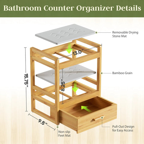 Two Tier Bathroom Countertop Organizer With Hidden Drawer Bamboo Vanity Storage dimensions and features illustration