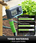Heavy Duty Metal Garden Hose Timer With Full Flow 100 Percent Metal Pipe For Durable Outdoor Watering Programmable Sprinkler Controller mounted on faucet, displaying cycle modes
