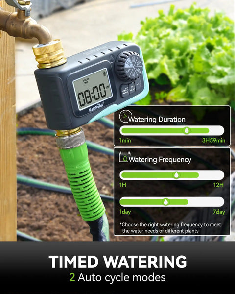 Heavy Duty Metal Garden Hose Timer With Full Flow 100 Percent Metal Pipe For Durable Outdoor Watering Programmable Sprinkler Controller mounted on faucet, displaying cycle modes