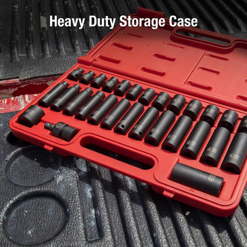3/8 Inch Drive Metric Master Impact Socket Set 29 Pieces Heavy Duty CR-MO Steel With Blow Molded Case shown open