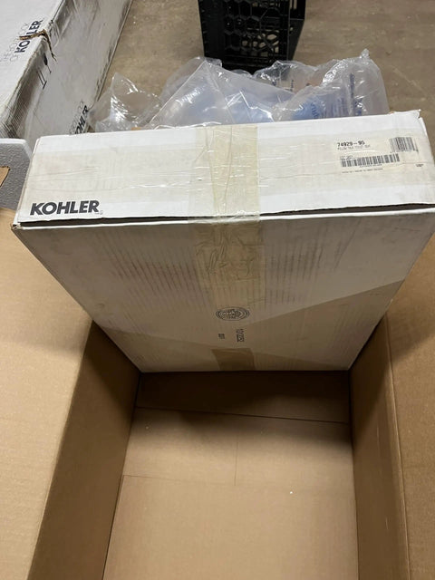 Slick Pillow Talk Toilet Seat In Clean Ice Grey packaging box ready for installation, showcasing Kohler branding.