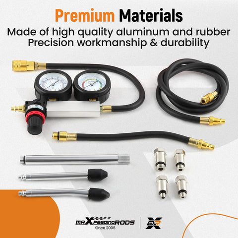 maXpeedingrods cylinder leak-down tester kit with dual gauges, hoses, adapters and extension rod