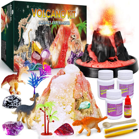 Erupting Volcano Science Kit For Kids With Gemstone Dinosaur Dig Volcano And Snow Eruption Experiments in box with accessories