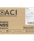 Box labeled 'Surgical N95 Respirator' by ACI, Made in USA, cardboard packaging with instructions on 50 N95 Duckbill Respirator Mask