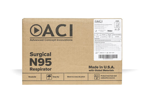 Box labeled 'Surgical N95 Respirator' by ACI, Made in USA, cardboard packaging with instructions on 50 N95 Duckbill Respirator Mask