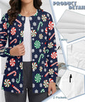 Womens Christmas Print Long Sleeve Medical Scrub Jacket With Snap Front For Quick On Off And Full Mobility, candy cane design