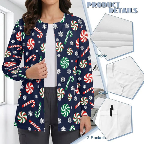 Womens Christmas Print Long Sleeve Medical Scrub Jacket With Snap Front For Quick On Off And Full Mobility, candy cane design