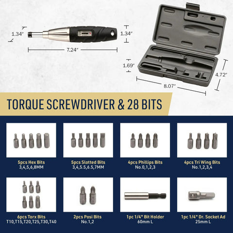 Torque Screwdriver Set With 28 SAE Bits And One Quarter Inch Drive Hardshell Case Adjustable 2 To 36 Inch Pound Torque Wrench product layout