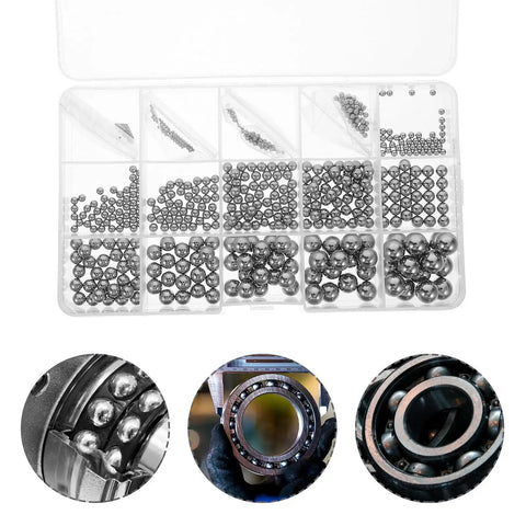 Stainless Steel Bearing Balls Set, 580-Piece Assortment 1.0mm To 10.0mm, Portable Precision For Mechanical And Industrial Use, Built Tough For Skateboard Bearings, RC Toys, And Machinery, organizer case with assorted steel balls and bearing closeups