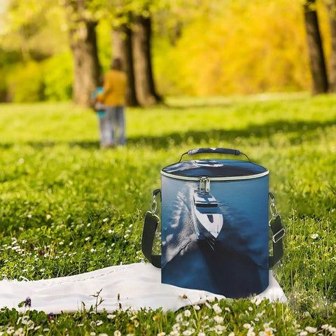 Yacht Print Insulated Cooler Bag For Travel And Outdoors, Leakproof Food Cooler with padded and adjustable straps on grass