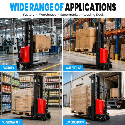 Heavy Duty Electric Pallet Stacker With Tough As Nails Carbon Steel Frame And 3300 Lb Capacity Powered By A Legit 48V 1.6KW Motor for use in factory, warehouse, supermarket and loading dock.