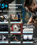 Infographic of vLinker MC Plus OBDII Bluetooth Adapter for Car All Systems Diagnostic highlighting 15+ maintenance services
