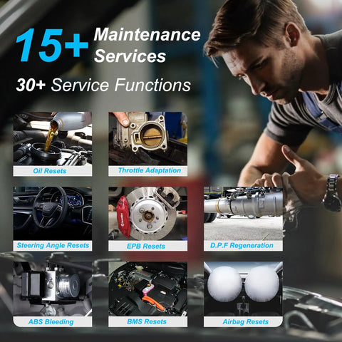 Infographic of vLinker MC Plus OBDII Bluetooth Adapter for Car All Systems Diagnostic highlighting 15+ maintenance services