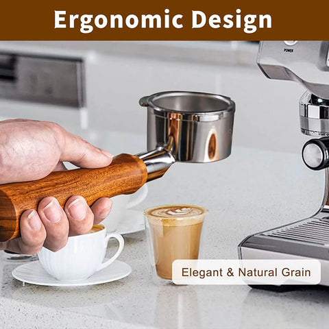 Person holding 54mm Bottomless Espresso Portafilter For Barista Pro BES878 Barista Express BES870 showing wood handle near espresso machine