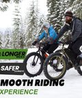 Two cyclists riding fat bikes with Fat Bike Tube 20X4.0 With Schrader Valve Butyl Rubber Inner Tube through snowy forest