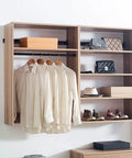 Modern Oak Wall Closet Organizer With Modular Shelves And Kickass Hanging Rod Heavy Duty Mounted Storage Rack For Bedroom Entryway And Laundry Room No Sweat Setup displaying shirts and accessories.