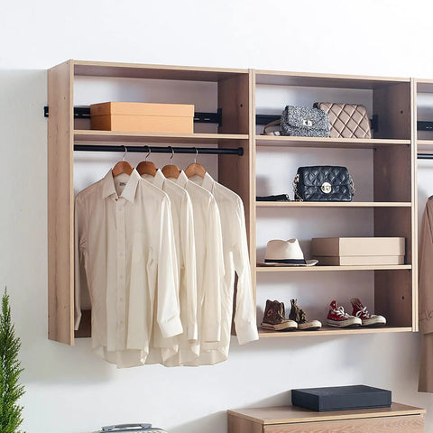 Modern Oak Wall Closet Organizer With Modular Shelves And Kickass Hanging Rod Heavy Duty Mounted Storage Rack For Bedroom Entryway And Laundry Room No Sweat Setup displaying shirts and accessories.