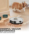 Stratos 2 In 1 Robot Vacuum And Mop With 25 Plus Dope Hands Free Features And NeverTouch Self Cleaning Base cleaning wood floor near dog