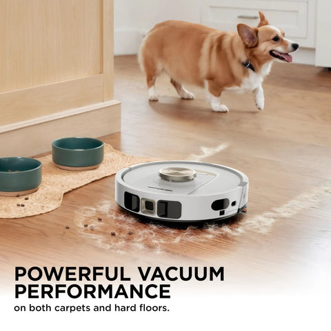 Stratos 2 In 1 Robot Vacuum And Mop With 25 Plus Dope Hands Free Features And NeverTouch Self Cleaning Base cleaning wood floor near dog