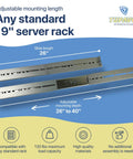 Heavy Duty Rackmount Sliding Rails Kit For 2U To 8U Server Racks featuring adjustable 26 to 40 inch depth for standard 19 inch racks.