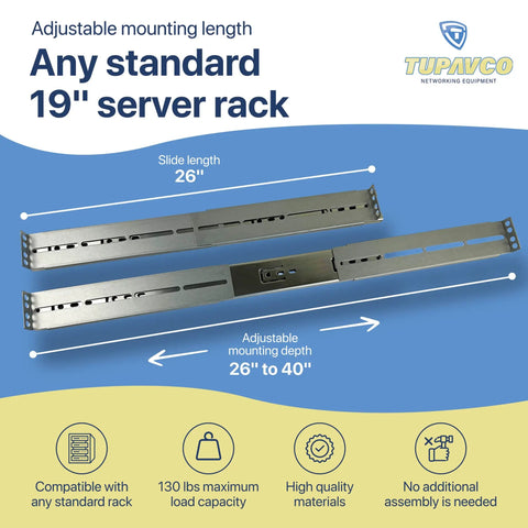 Heavy Duty Rackmount Sliding Rails Kit For 2U To 8U Server Racks featuring adjustable 26 to 40 inch depth for standard 19 inch racks.