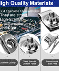 Close-up of Twenty Piece 5 16 Inch 18 Thread Extruded U Clip Nuts 304 Stainless Steel Fasteners showcasing clear threads and smooth finish.