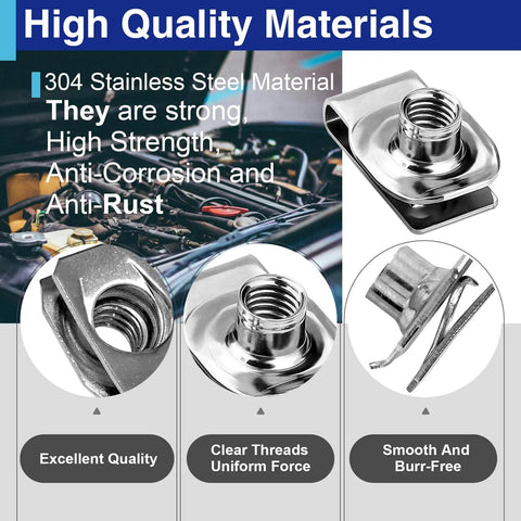 Close-up of Twenty Piece 5 16 Inch 18 Thread Extruded U Clip Nuts 304 Stainless Steel Fasteners showcasing clear threads and smooth finish.