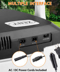 28 Quart Portable Mini Fridge And Electric Cooler Warmer For Car With 12V Dc Plug And Auto Locking Handle AC and DC power interfaces shown.