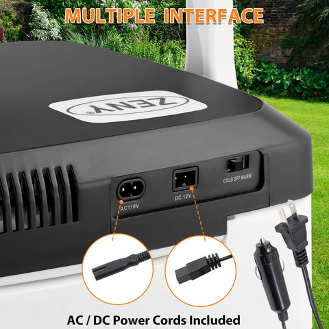 28 Quart Portable Mini Fridge And Electric Cooler Warmer For Car With 12V Dc Plug And Auto Locking Handle AC and DC power interfaces shown.