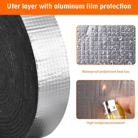 Self Adhesive Foam Pipe Insulation Tape 2 Inch Wide By 33 Feet Outdoor Aluminum Foil Finish Easy Peel And Stick Winter