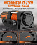 Heavy Duty 3500 Lb ATV Winch With Synthetic Rope And Wireless Remote featuring integrated clutch control knob for easy operation.