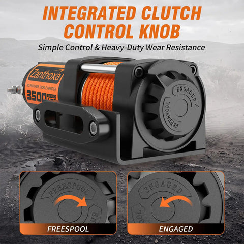 Heavy Duty 3500 Lb ATV Winch With Synthetic Rope And Wireless Remote featuring integrated clutch control knob for easy operation.