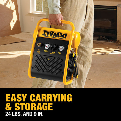 Easy carrying of Compact 135 PSI Air Compressor With 1 Gallon Tank And Two Point Six Amp Motor Super Handy For Finish Carpenters