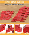 Router Table Setup Blocks Kit 14 Piece Aluminum Set For Woodworking, red stackable blocks with size markings for precision measurements.