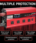 Beefy 3000W DC To AC Inverter With LCD Display And Remote Control 4 AC Outlets And 4 USB 3.1A Ports 12V To 110V 120V unit shown with labels
