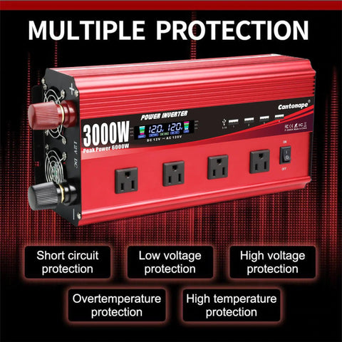 Beefy 3000W DC To AC Inverter With LCD Display And Remote Control 4 AC Outlets And 4 USB 3.1A Ports 12V To 110V 120V unit shown with labels
